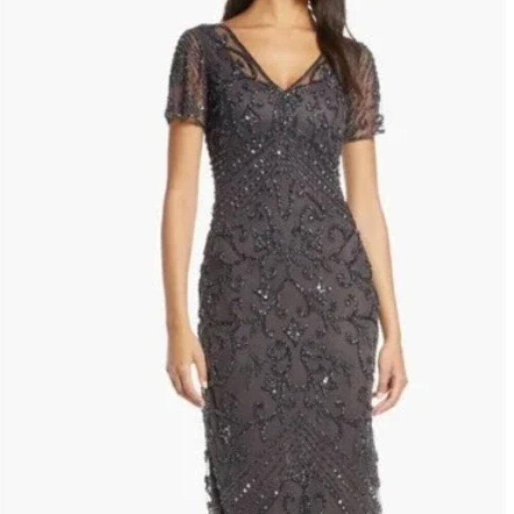PISARRO NIGHTS Beaded Mesh Column Gown In Slate Size 10 NWT